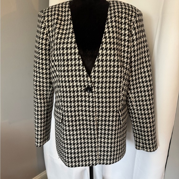 Express Black White Gray Tweed Jacket Blazer Button Jacquard Woven Wool Blend 14 - Picture 3 of 5